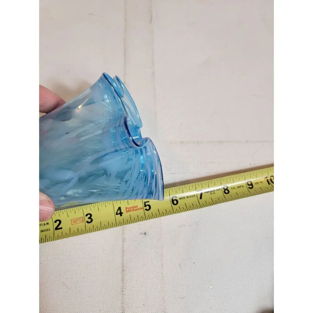 Vintage Hand Blown‎ Art Ruffle Glass Vase Blue Swirl Fluted VTG MCM